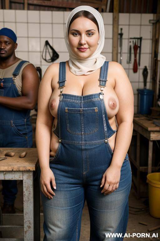 curvy russian brunette chubby wife topless wearing hijab and overalls standing with african man in workshop - #main