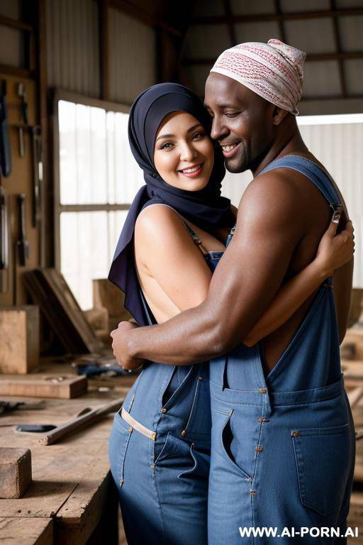 smiling curvy russian brunette busty wife topless wearing hijab and overalls hugged from african man in workshop - #main