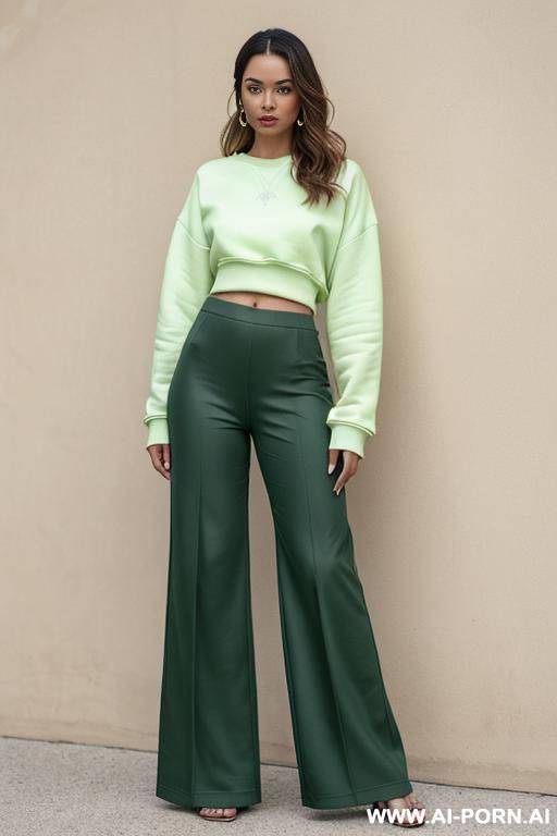 woman, wide pants, lime-colored sweatshirt realistic photo - #main