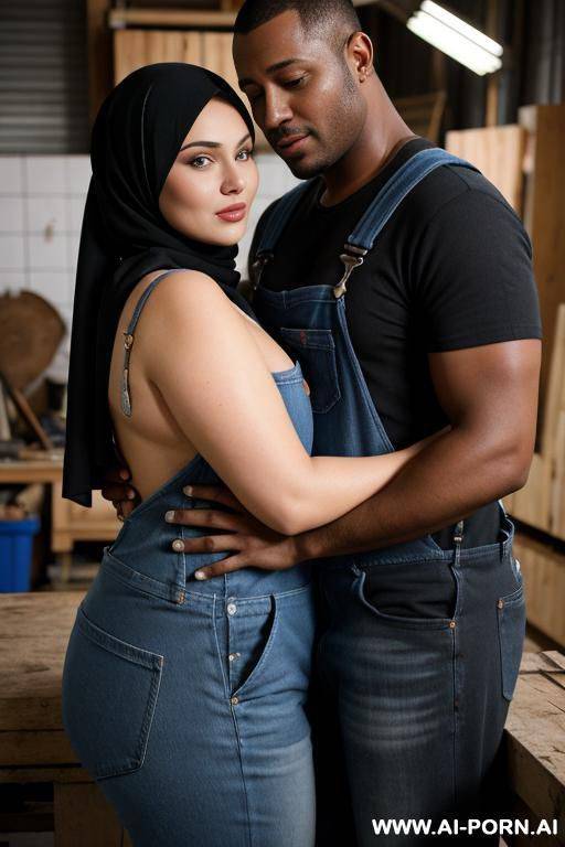 curvy russian brunette chubby wife topless wearing hijab and overalls hugged from dark black man in workshop - #main