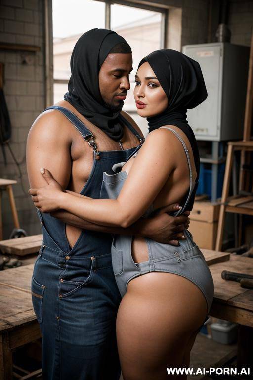 curvy russian brunette chubby wife topless wearing hijab and overalls hugged from dark black man in workshop blowjob - #main