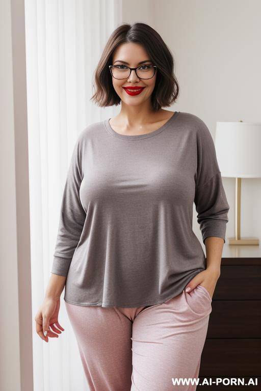 1 woman, wide face, smiling, with red lipstick, wearing glasses, wearing a loose dark gray shirt, and pink pajamas. wide body, pronounced curves, busty, big ass, satisfied face expression, short - #main