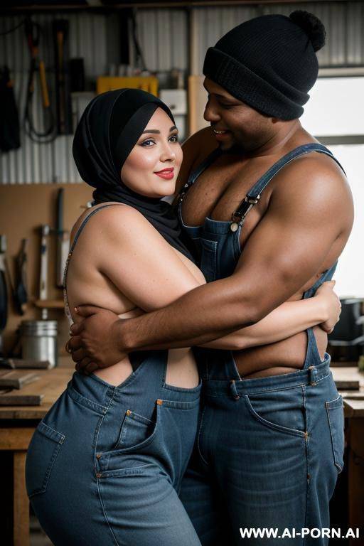 happy curvy russian brunette chubby wife topless wearing hijab and overalls hugged from dark black man in workshop - #main