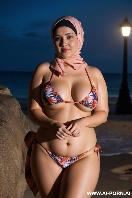 happy curvy russian brunette chubby wife fully naked wearing hijab and hawaiian bikini at night - #main
