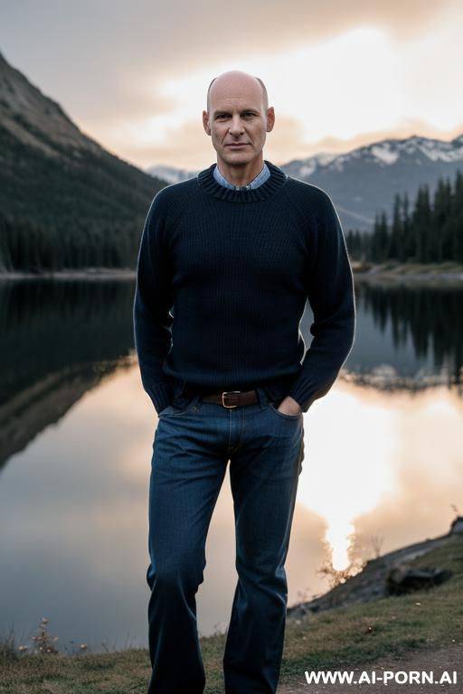 one man in jeans and sweater, no beard, nearly bald, near a lake, evening, flash light photo - #main