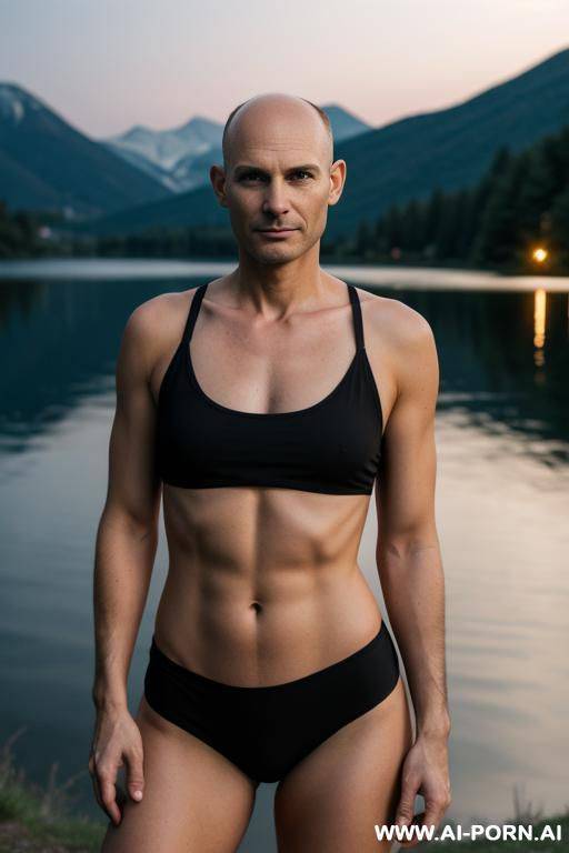 one man in casual outfit, no beard, nearly bald, near a lake, evening, flash light photo - #main