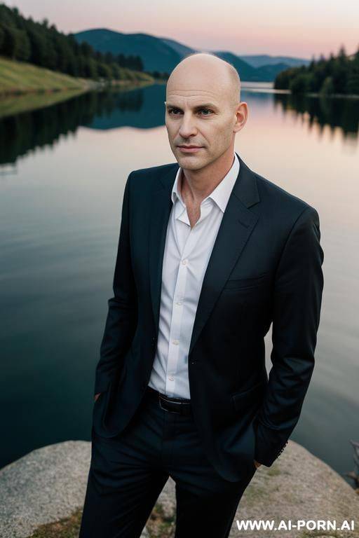 one man in casual suit, no beard, nearly bald, near a lake, evening, flash light photo - #main