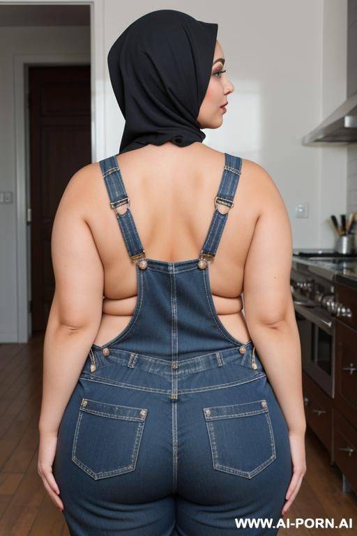happy curvy russian brunette chubby wife fully naked wearing hijab and overalls, back view - #main