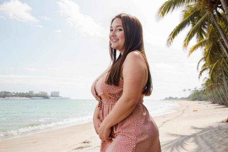 long hair, thick arms, chubby, undressing, stripping, shortstack, legs apart, highly detailed skin, beach, happy face, smiling, big purse, modeling, beach, side view, looking at viewer, model pose, - #main