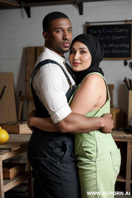happy curvy russian brunette chubby wife fully naked wearing hijab and lemon green overalls hugged from dark black man in workshop - #main