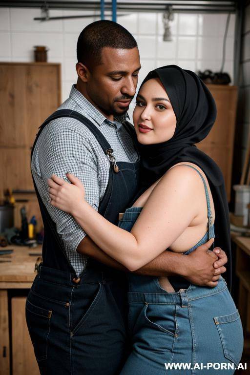 happy curvy russian brunette chubby wife fully naked wearing hijab and overalls hugged from dark black man in workshop - #main