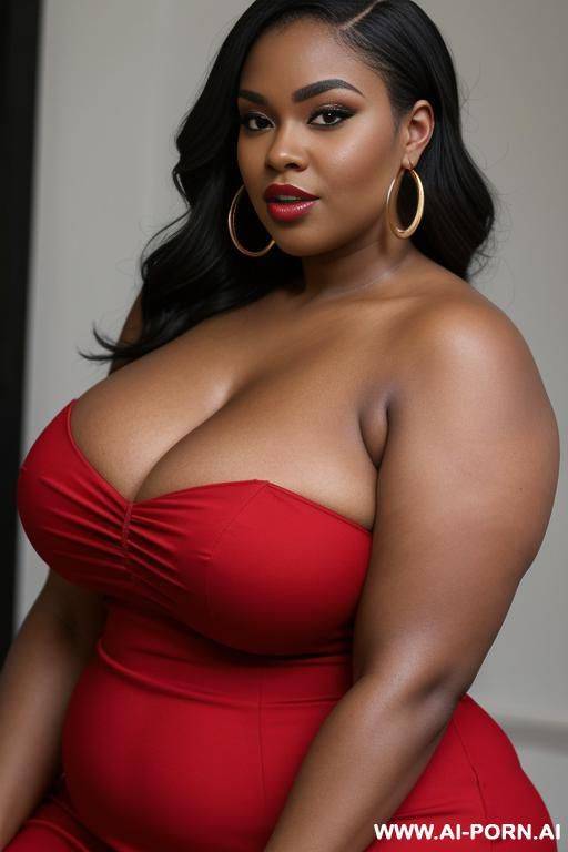 ebony, bbw, huge breasts, bald, hoop earrings, red dress - #main