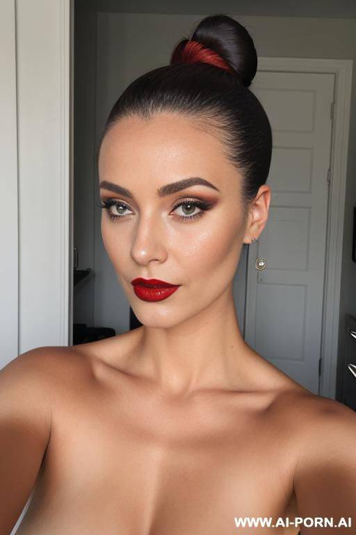 dark blonde, red lipstick, naked, hair bun, makeup - #main