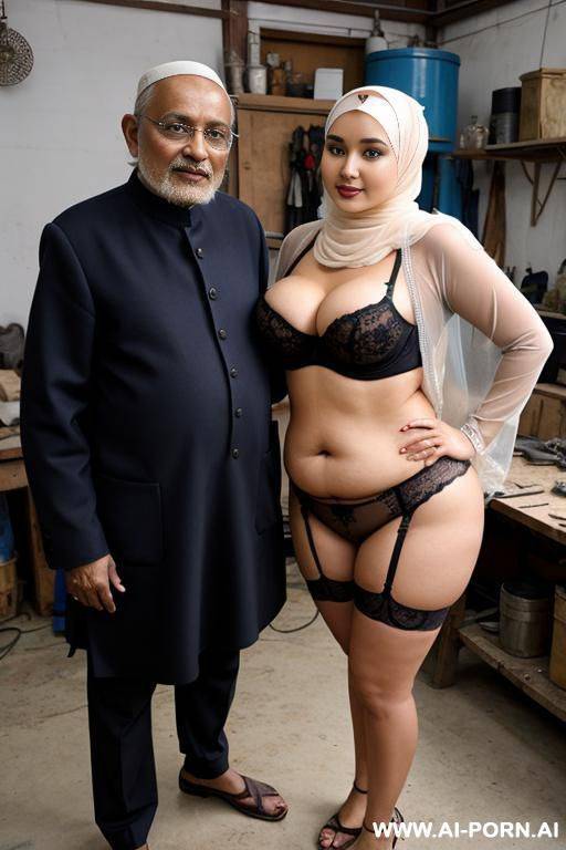 curvy russian chubby milf wearing hijab and lingerie standing with old indian man in workshop - #main