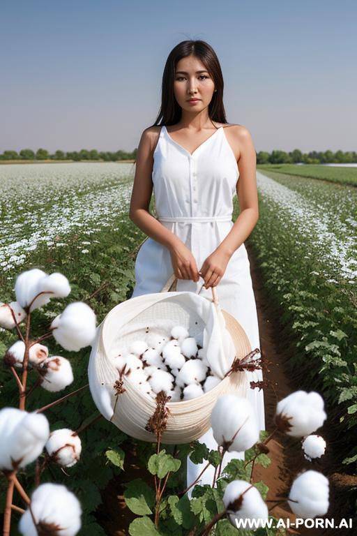 a beautiful uzbek woman picking cotton in a cotton field - #main