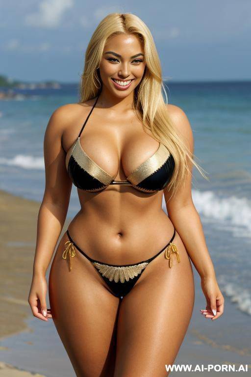 20 years old, very tanned skin, tan lines, gaudy makeup, wide thighs, thick thighs, very wide thighs, very thick thighs, gold g-strings, gold micro bikini, very long nails, very gaudy nails - #main