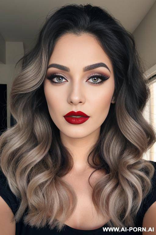 long curly hair, makeup, red lipstick, grey eyes, mascara, blonde - #main