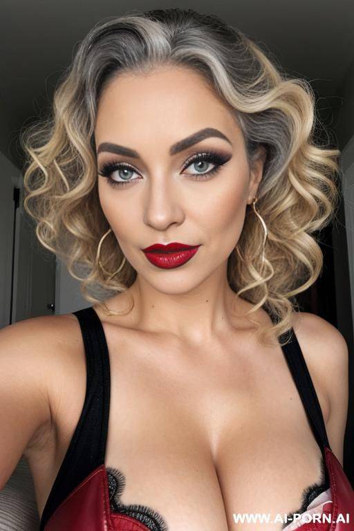 curly hair, makeup, red lipstick, grey eyes, mascara, blonde hair, milf - #main