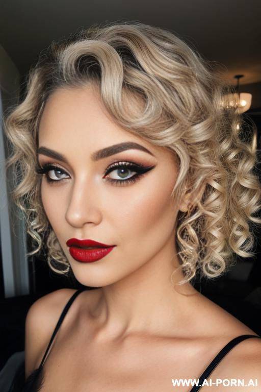 curly hair, makeup, red lipstick, grey eyes, mascara, blonde hair, - #main