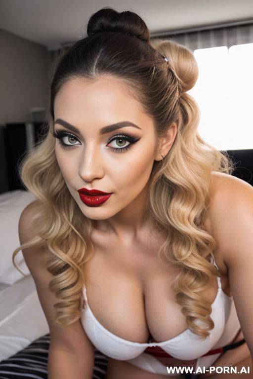(long curly hair), (hair bun), makeup, (red lipstick), grey eyes, mascara, (riding the dick), blonde - #main