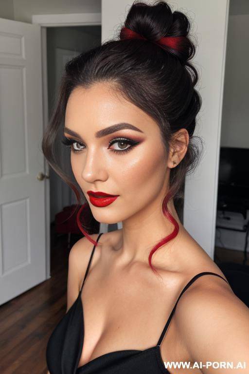 (long curly hair), (hair bun), makeup, (red lipstick), grey eyes, mascara - #main