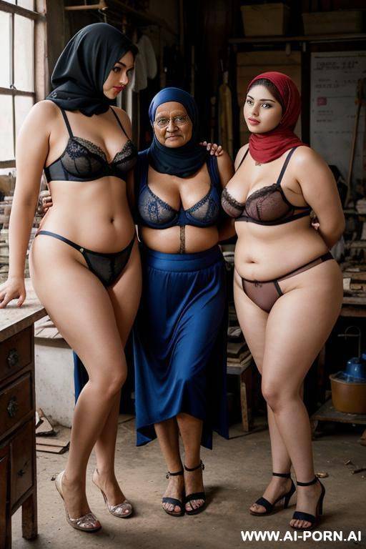 two curvy russian brunette chubby lesbians wearing hijab and lingerie standing with indian old man in workshop - #main