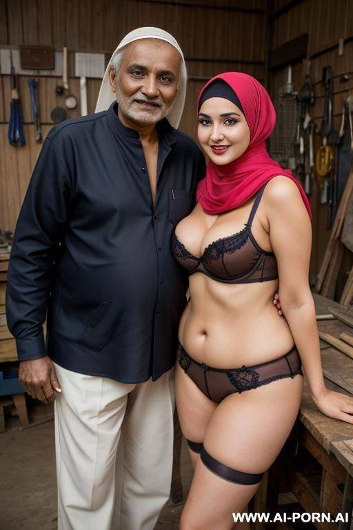smiling curvy russian brunette chubby milf wearing hijab and lingerie standing with indian old man in workshop - #main
