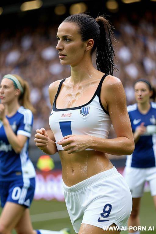 soccer stadium, french soccer team short, no bra, no jersey, wet skin, crowd of people - #main