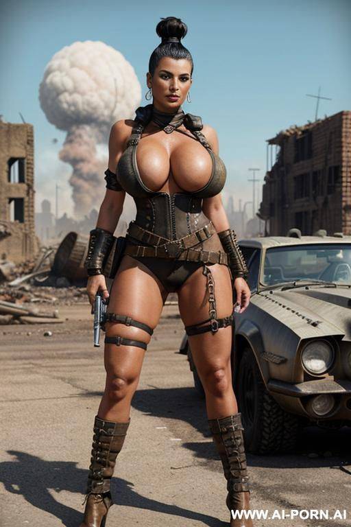 mature woman. toned. tanned. bracelet, thigh chain. mohawk hairstyle with fully shaved sides. bulging oversized tits. leather shoulder pad. mad max. fallout. ruined city in background. holster. city ruins. - #main