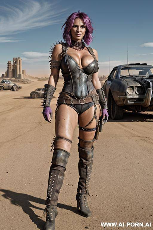 toned and defined muscles. abs. dark tanned skin. bracelet, thigh chain. mohawk hair. bulging oversized tits. leather shoulder pad. spiky armour. mad max. fallout. ruined city in background. holster. city ruins. - #main