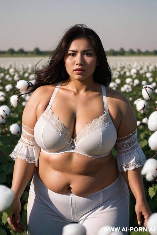 a beautiful, attractive uzbek strong muscular obese woman picking cotton in a cotton field - #main