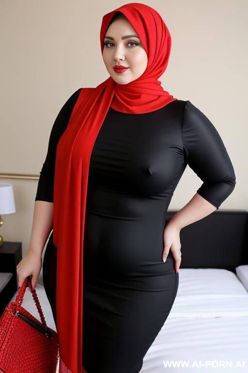 happy curvy russian chubby wife wearing red hijab and tight black dress - #main