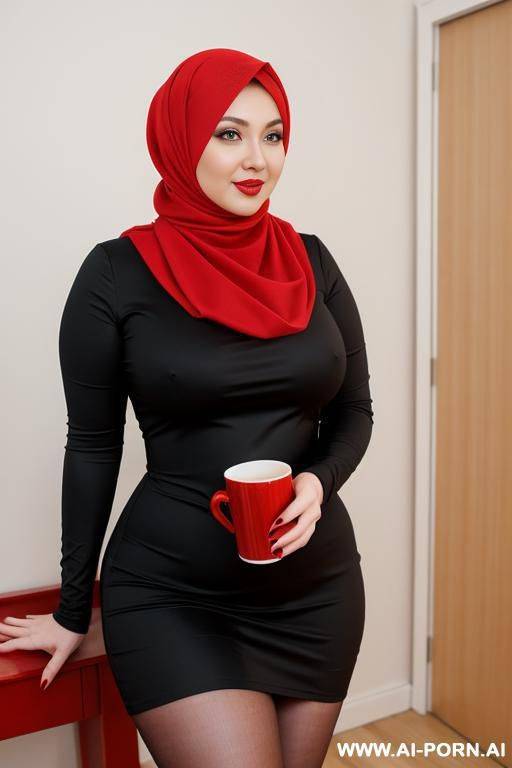 happy curvy russian chubby wife wearing red hijab and tight black cup dress - #main