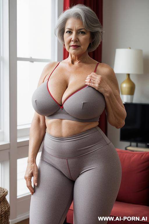 0 year old grandmother, full body, standing, short gray hair, lady, clearly visible age marks, triangular hips, thick thighs, hands on hips, wearing light red leggings, tits out, living room - #main