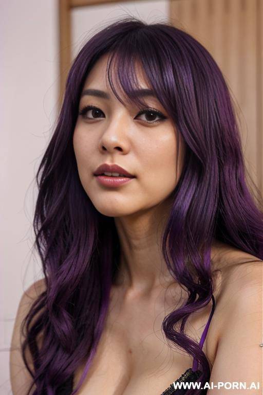 lively effect, lovingly craving japanese secretary, flowing wavy purple hair, closeup in luxurious clothes, she is seductively tanned, loud orgasm, inspired by real-life sei-ra sodes-hiro, - #main