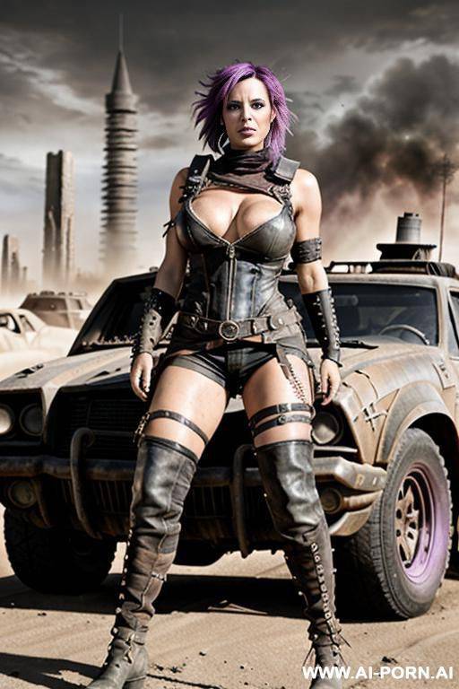 toned and defined muscles. abs. dark tanned skin. bracelet, thigh chain. mohawk hair. bulging oversized tits. leather shoulder pad. spiky armour. mad max. fallout. ruined city in background. holster. city ruins. - #main