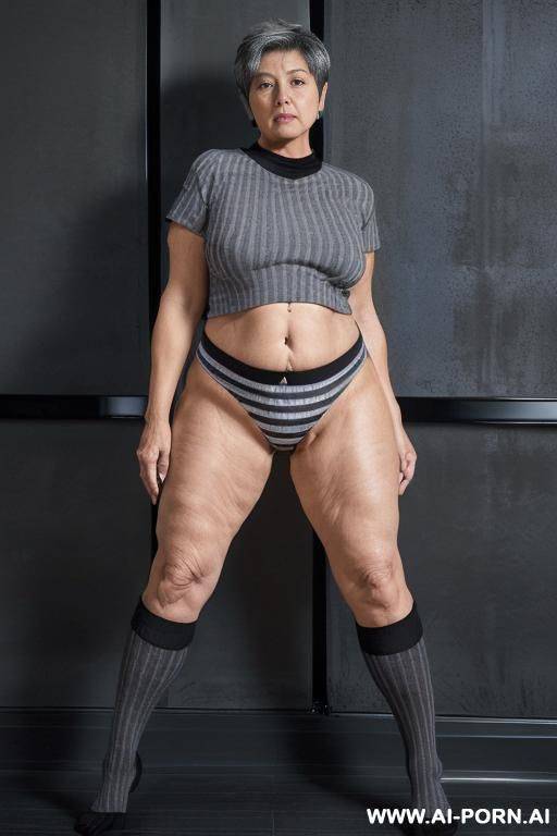 (((0 year old grandmother))), (((short gray hair))), (((very visible age marks))), (((triangular hips))), (((thick thighs))), (((blue shirt with black vertical stripes))), (((black panties))), (((long black - #main