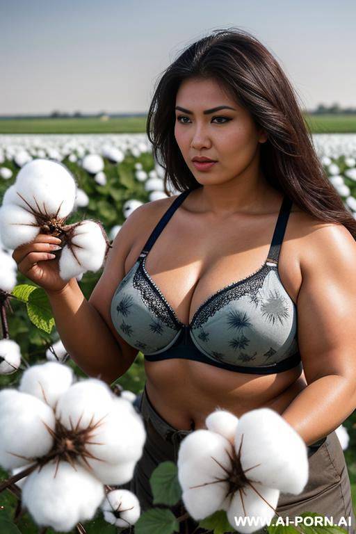a beautiful, attractive uzbek buxom strong muscular obese woman picking cotton in a cotton field - #main