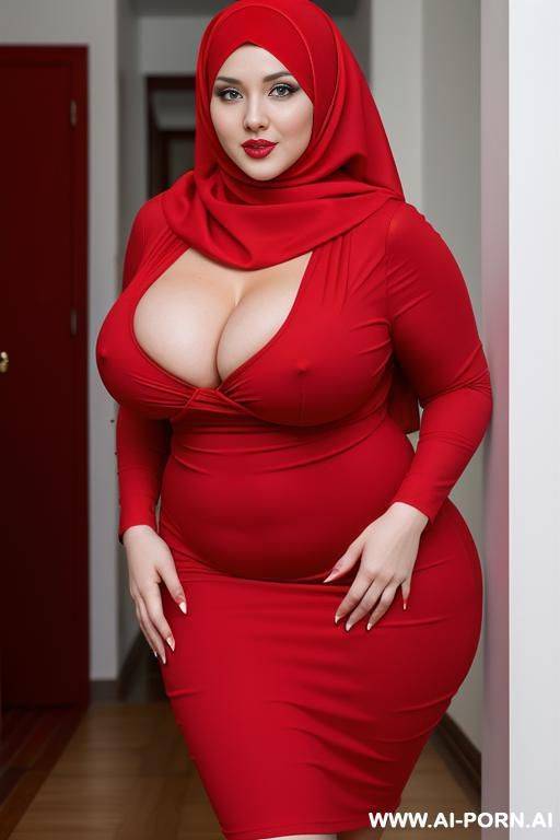 happy curvy russian chubby wife wearing red hijab and very tight black topless dress - #main