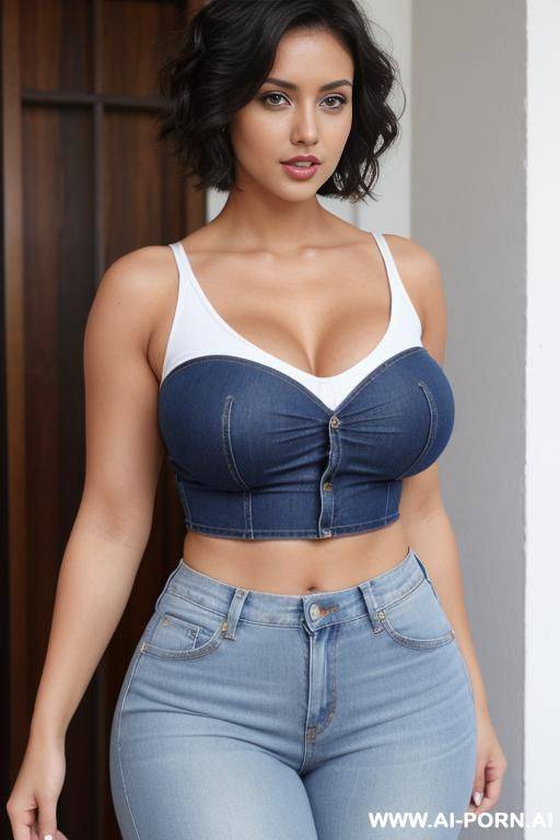 dark hair, tanned skin, short pixie hair, high waist jeans, loose white crop top - #main