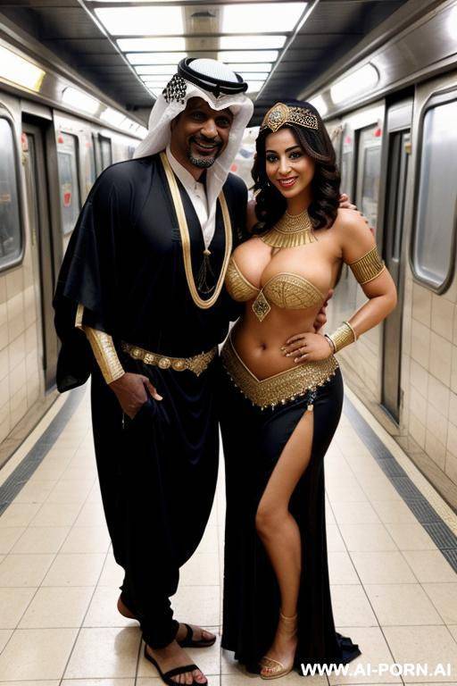 smiling curvy busty egyptian brunette wife with messy short hair fully naked hugged from old homeless black man in subway - #main