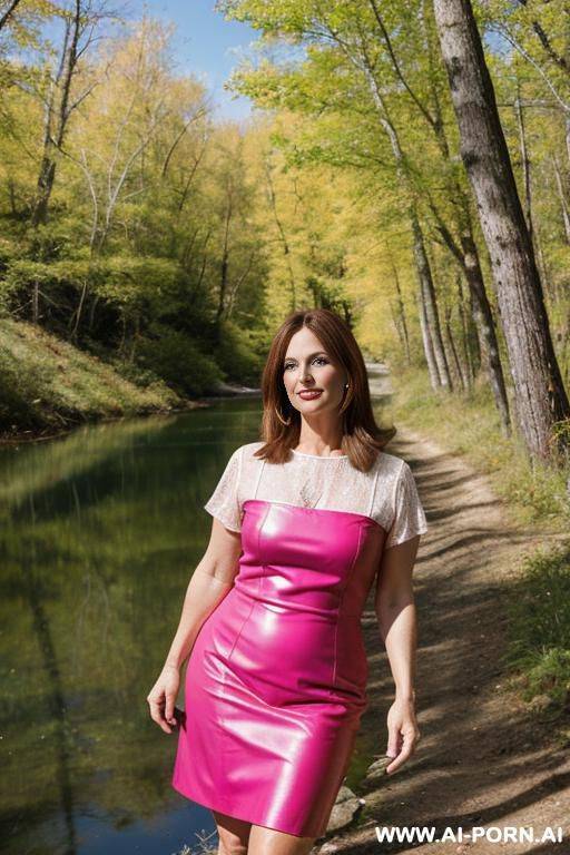 the most beautiful mature white woman in the world, bright pink leather dress, light brown hair parted in the middle, hiking trail at the banks of a öittle lake in the glising morning sun - #main