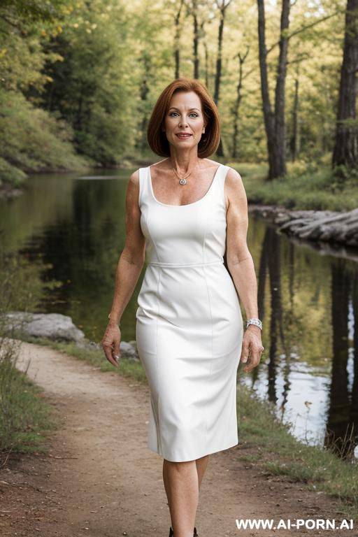 the most beautiful mature white woman in the world, bright red leather neck holder dress, light brown hair parted in the middle, hiking trail at the banks of a öittle lake in the glising morning sun - #main
