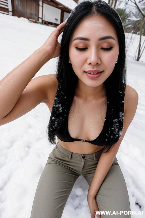 woman sitting on another womans face, rimjob, asslicked from behind, pants pulled down, snow, hand on head, eyes closed, shouting out, anal sex, show vagina, - #main