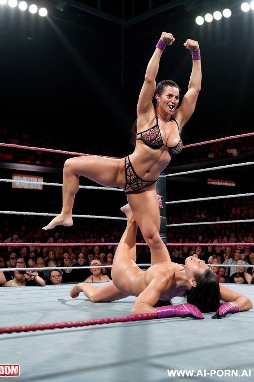 wwe, wrestling ring, totally naked, barefoot, spread wide, show pussy, fit body, two women - #main