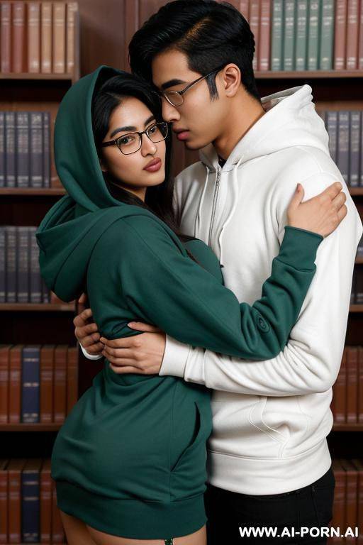 (nerdy pakistani woman) (unzipped hoodie (expose breasts)) (hugging (asian male)) - #main