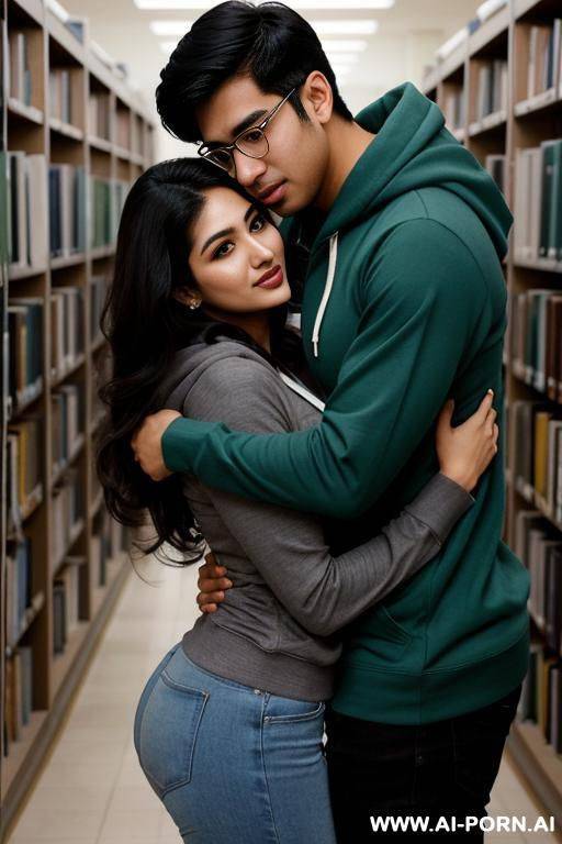 (nerdy pakistani woman) (lifting up hoodie (expose breasts)) (hugging (asian male)) - #main