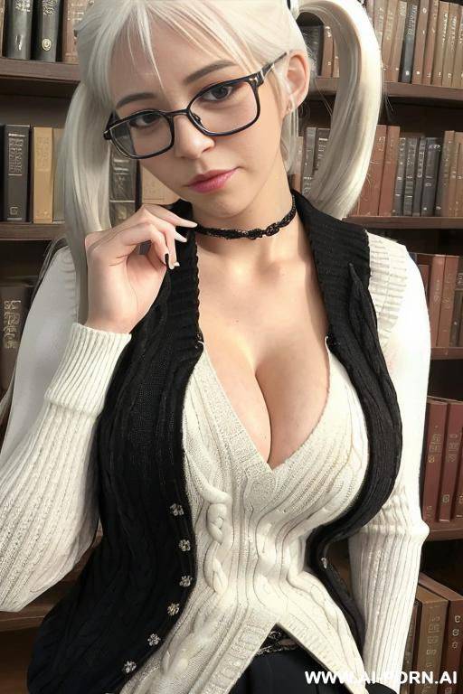 (((white hair)), ((twintails)), (humongous breasts), ((black sweater vest)), (deep cleavage), (buxom), (nerdy glasses), (no bra), (black slacks), library - #main