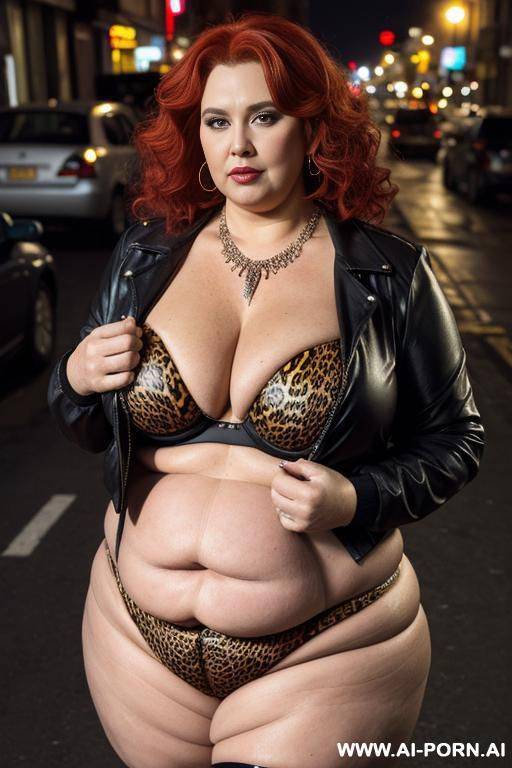 fat old milf, animal print hooker outfit, huge saggy boobs, crop jacket, necklace, chocker, elries, street night, waist shot - #main