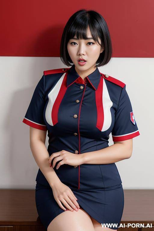 asian, 1, mating press, slightly chubby, with bangs and short hair, pleasure but shocked face, wearing uniform with dark blue and red and white uniform shirt - #main